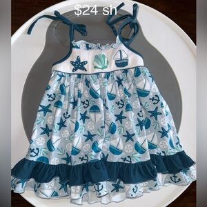 Girls Teal Nautical Sundress with Ties - Beach, Seashell, Sailboat, Ruffles